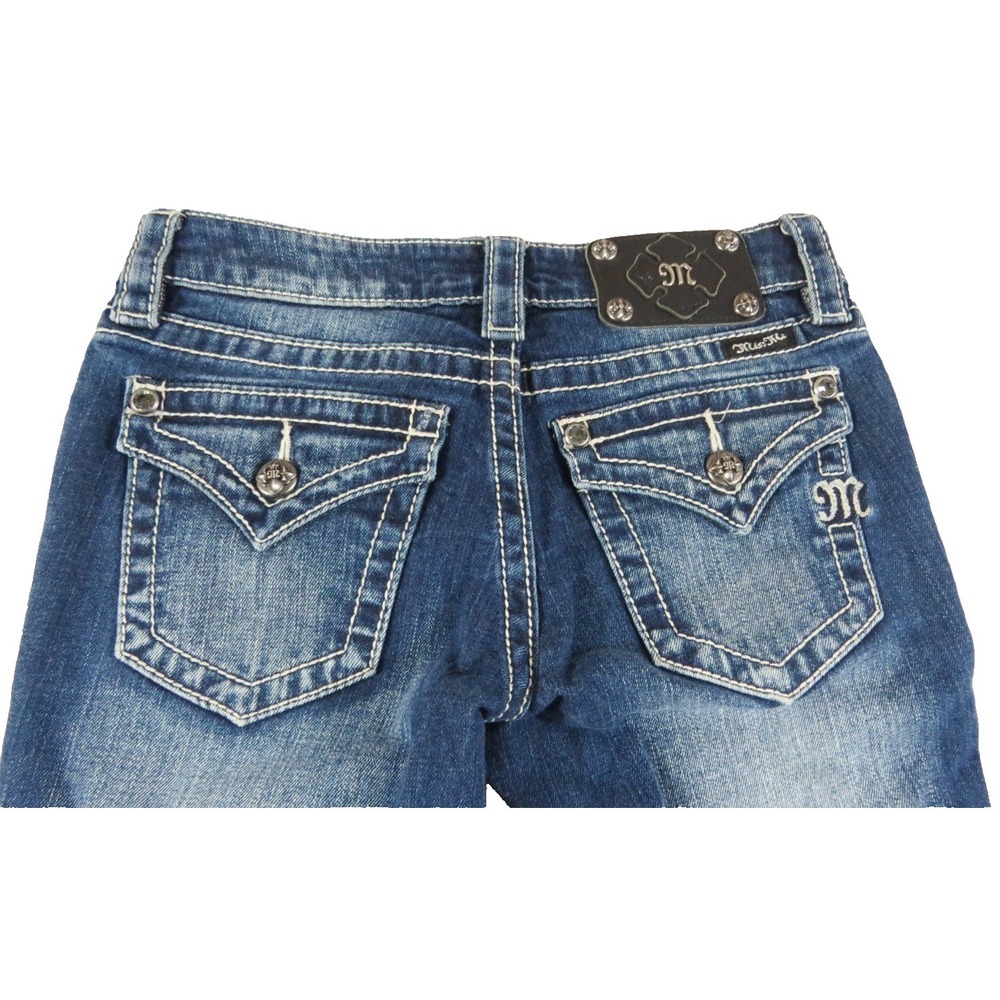 Y2K Miss Me JS4009C Crop Jeans Womens 25 Dark Wash Embroidered Flap Pocket Denim